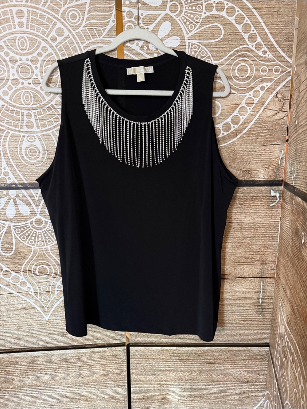 MICHAEL Michael Kors Black Sleeveless Top with Silver Rhinestone Fringe